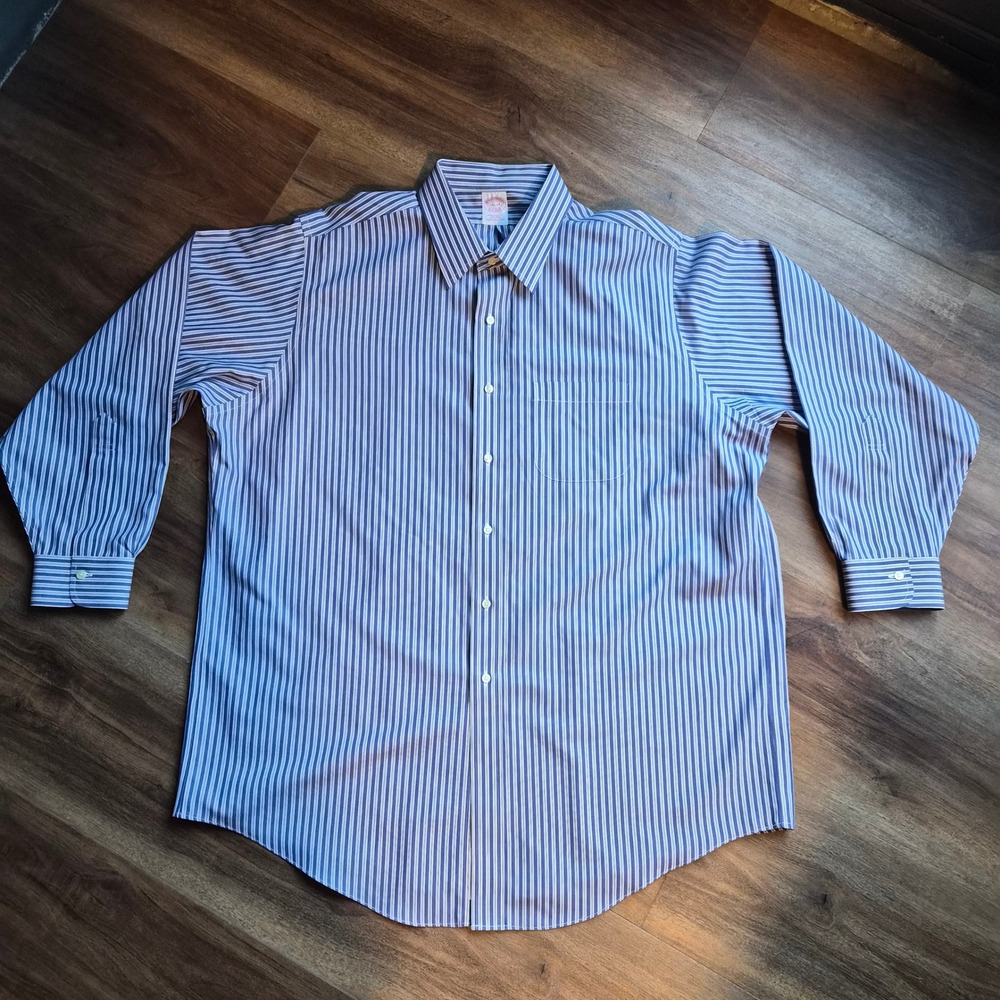 Brooks Brothers Mens 17.5 34 Traditional Fit Non-Iron Striped Dress Shirt Blue